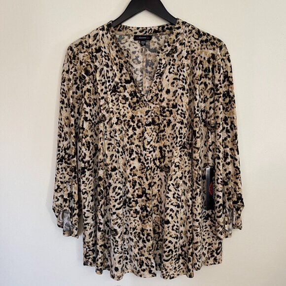 NWT Cocomo Soft Stretch Brown Black Animal Print Knit Tunic Blouse Size 1X - Picture 1 of 7